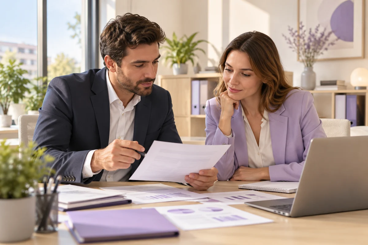 Professionnels étudiant un dossier de formation